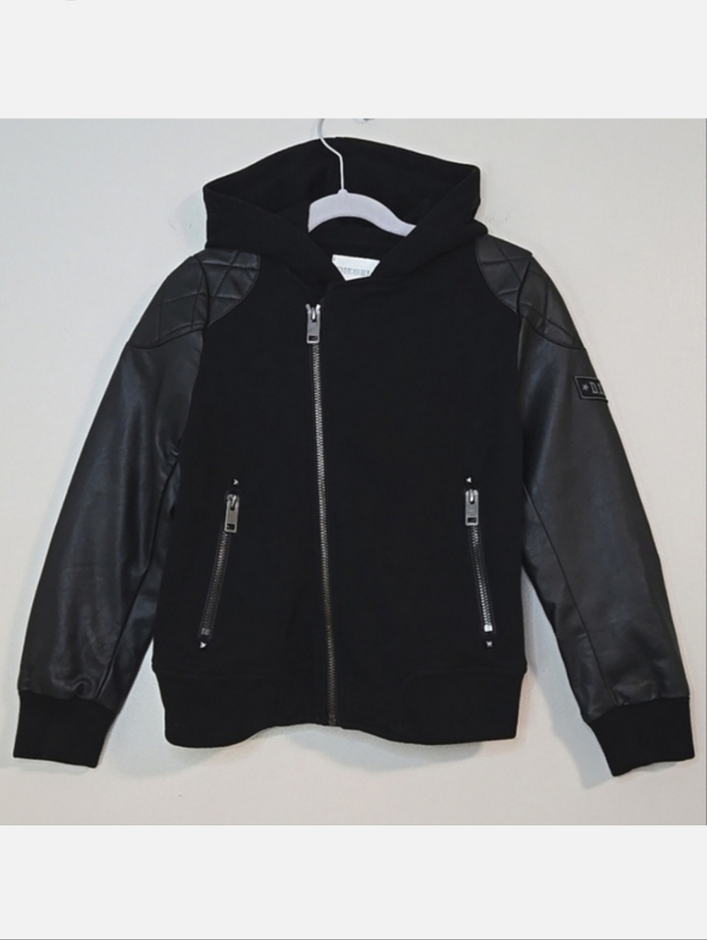 DIESEL Kids' Black Fleece & Faux Leather Biker Jacket, Size 5-7* ~ EUC